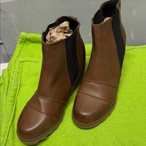 Brown Leather Chelsea Booties with Elastic Side Panels